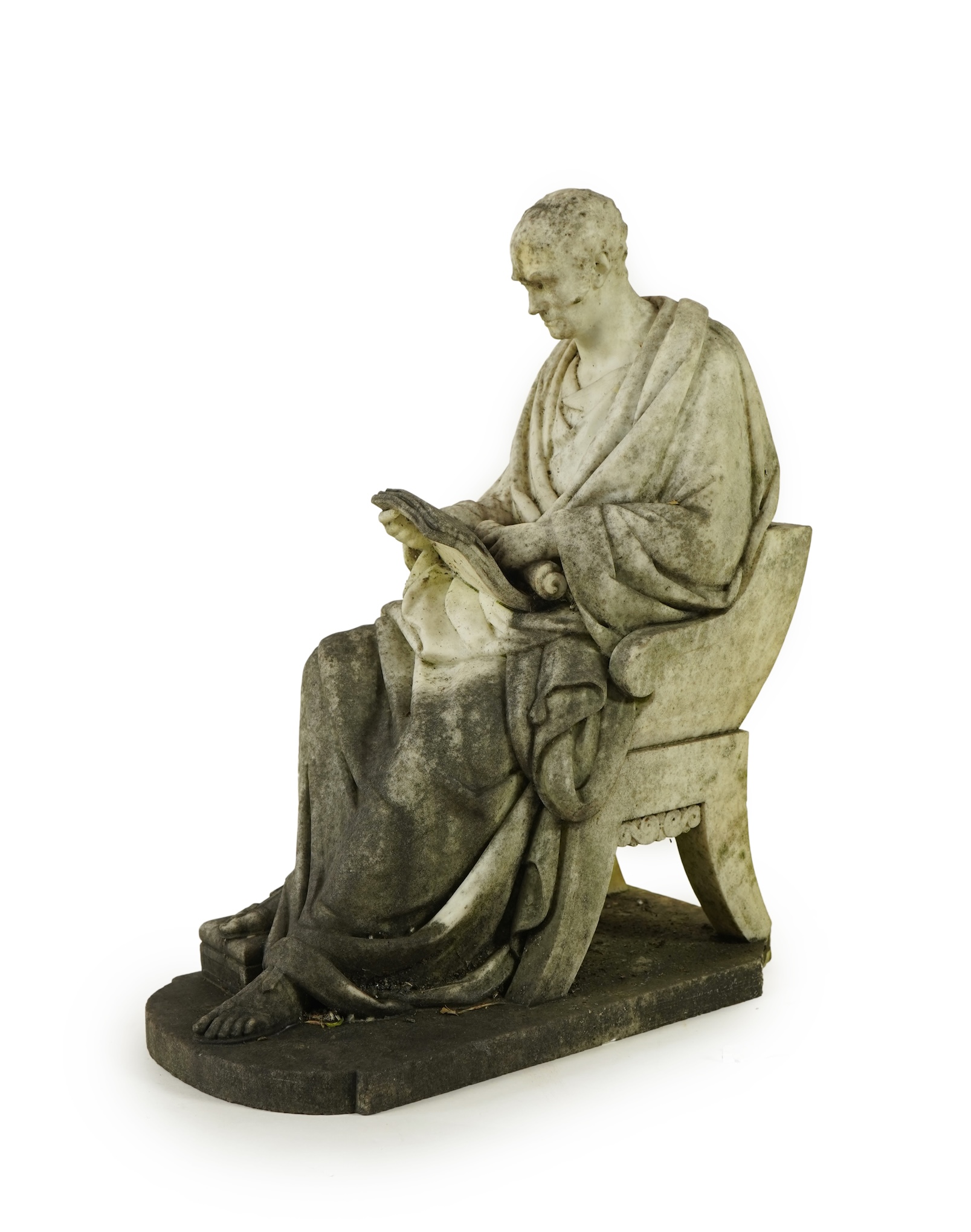 A marble sculpture of a gentleman dressed as a Greek philosopher, seated in a klismos chair, first half 19th century